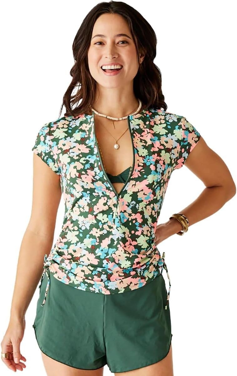 image:imageCarve Designs Dawson Rash Guard for Women Half Zip Recycled Polyester Short Sleeve Sun Shirt UPF 50Wildflower
