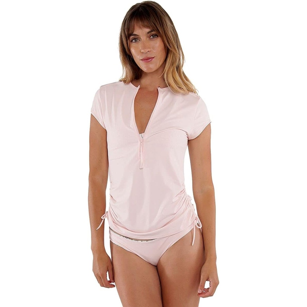 image:imageCarve Designs Dawson Rash Guard for Women Half Zip Recycled Polyester Short Sleeve Sun Shirt UPF 50Azalea